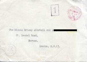 Cream coloured envelope with a London postmark of 2 July 1970, an address in London S.W.13, and a round stamp bearing the logo "EIIR" with  crown. 