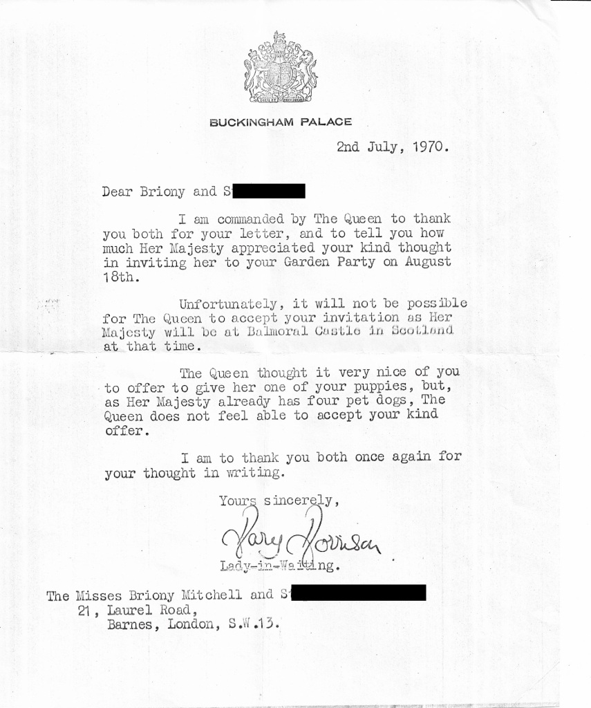 Photocopy of a letter typed on Buckingham Palace headed paper, dated 2nd July 1970, signed by Mary Morrison, Lady-in-Waiting.