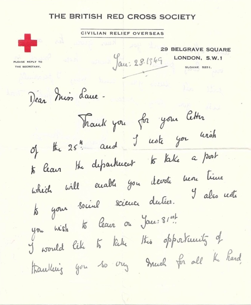 Handwritten letter on British Red Cross headed notepaper, dated 1949 and signed by Mary Marlborough
