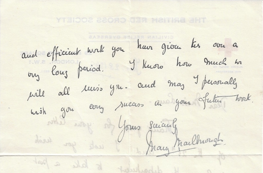 Second page of Handwritten letter on British Red Cross headed notepaper, dated 1949 and signed by Mary Marlborough