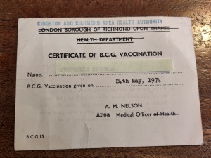 BCG Vaccination certificate dated 24th May 1974