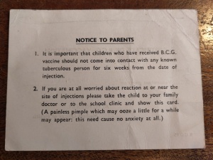Reverse of BCG Certificate 1974 with "notice to parents".