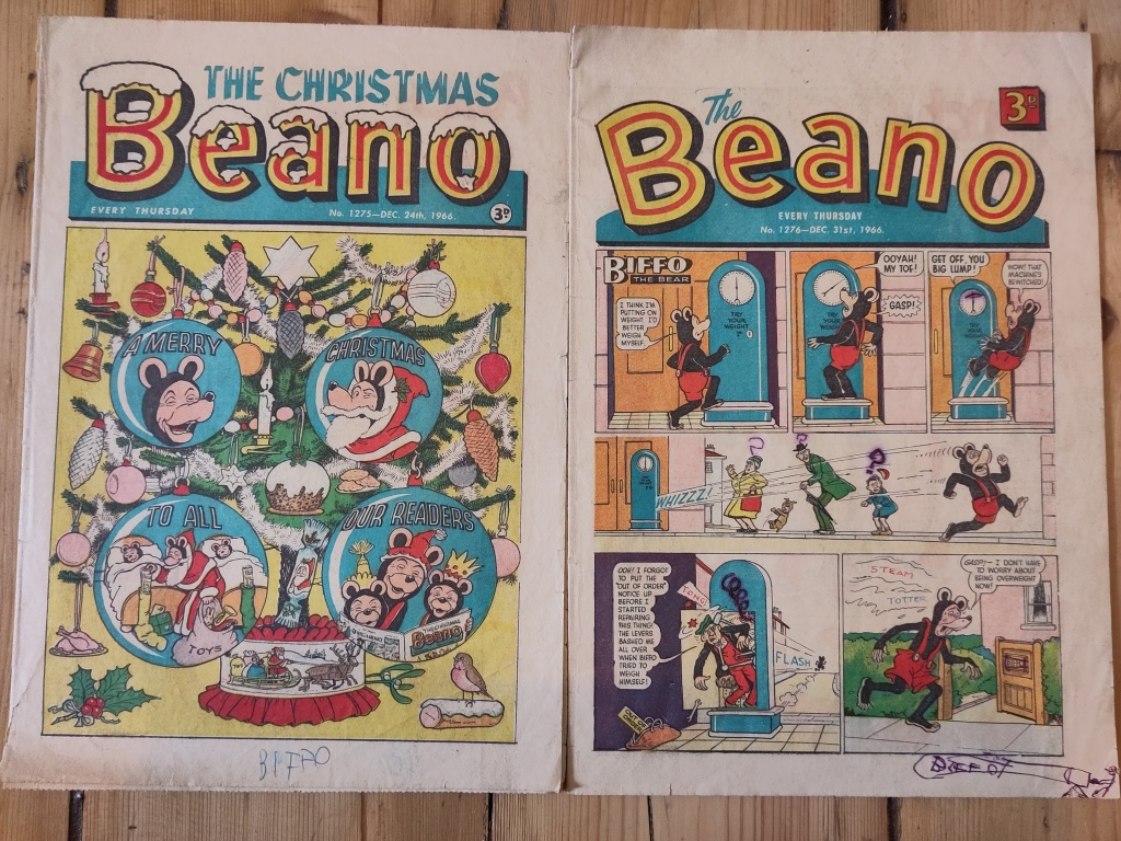 Front covers of two Beano comics, dated December 1966, with colour cartoons of Biffo the Bear.