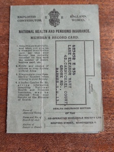 Co-operative Society National Health and Pensions Insurance member's record card  for Eleanor Mary Lane.