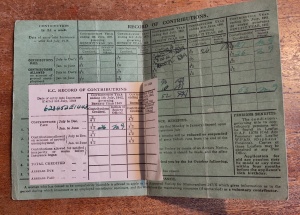 Co-operative Society National Health and Pensions Insurance card, with records of contributions from 1927 to 1943.
