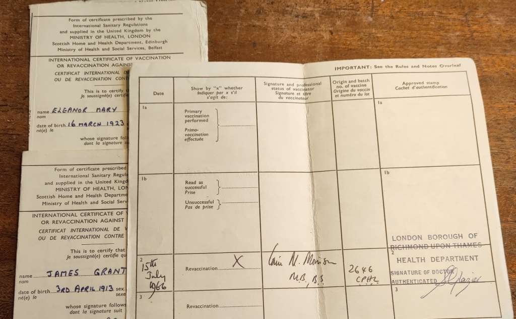 Smallpox Vaccination certificates dated July 1966 for three members of one family. 